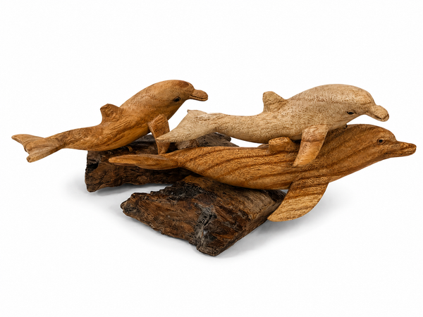 Hand Carved Wooden Dolphin Family Sculpture