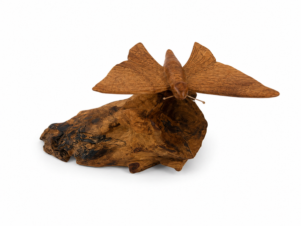 Hand Carved Wooden Month Sculpture on Natural Wood
