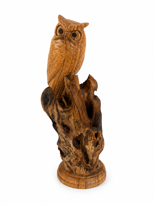 Hand Carved Wooden Owl Sculpture on Natural Wood