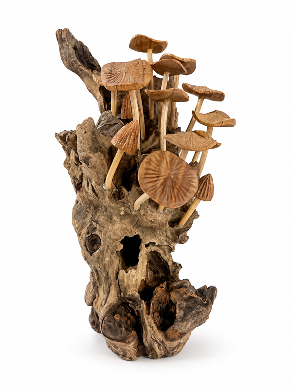 Handcrafted Wooden Mushroom on Natural Wood