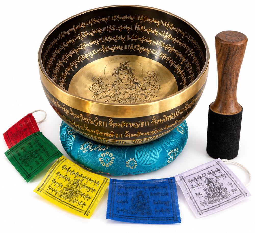 Large Black/Gold engraved bowl with deity design