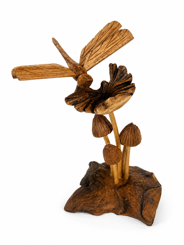 Hand Carved Dragonfly Mushroom Sculpture