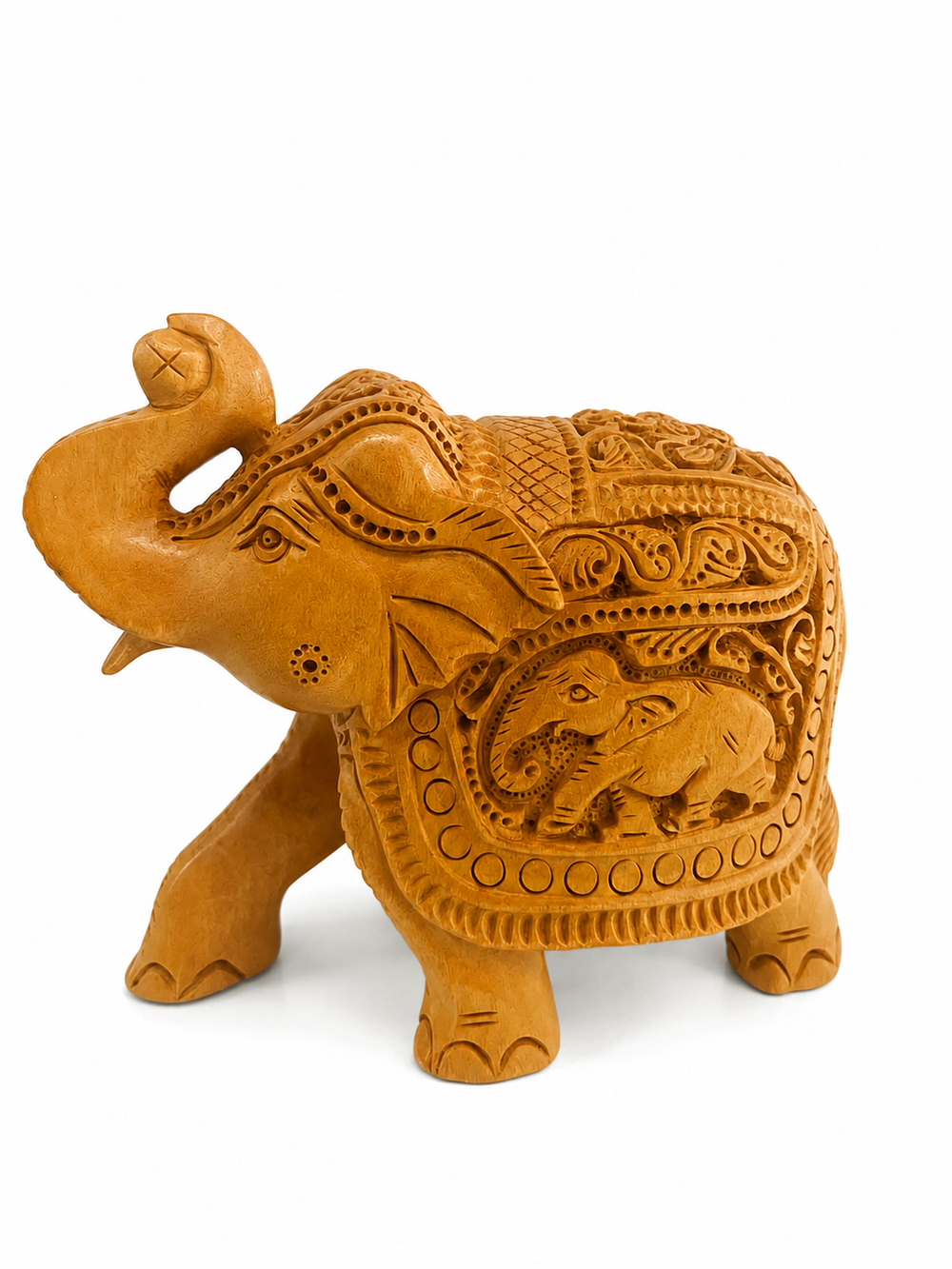 Hand Carved Wooden Elephant with Baby Elephant