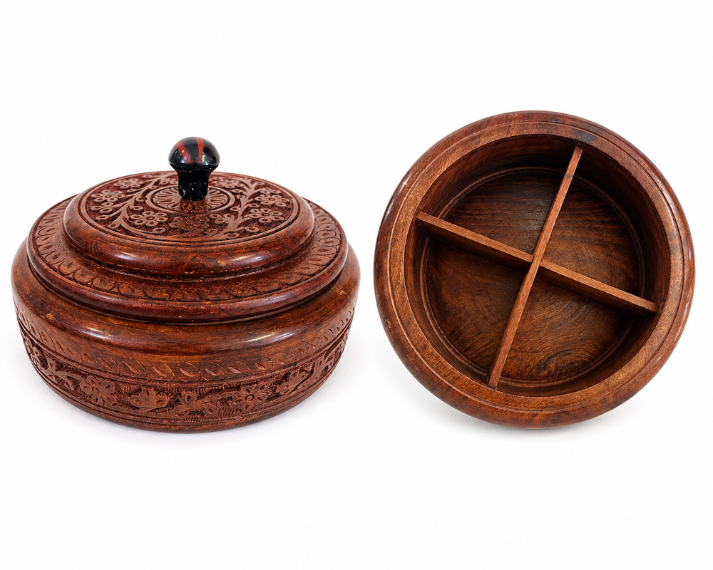 Hand Carved Wooden Spice Box with 4 Compartments