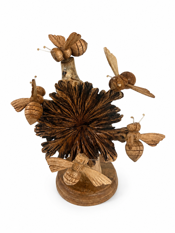 Hand Crafted Wooden Bee Flower Sculpture